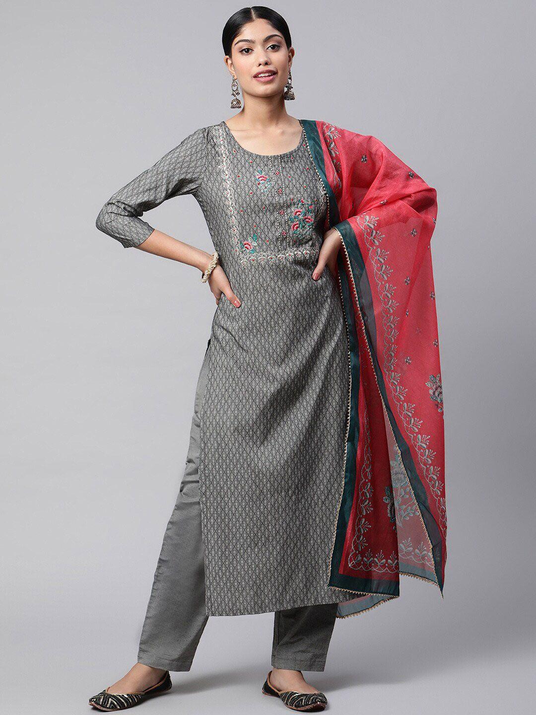 v tradition checked thread work kurta with trousers & dupatta