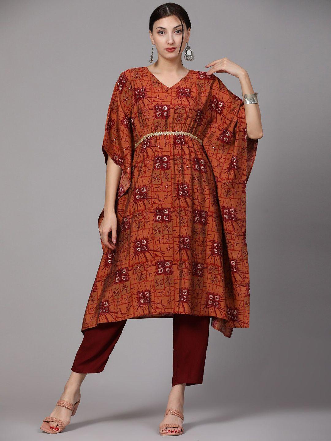 v tradition ethnic motifs printed kaftan kurta with trousers