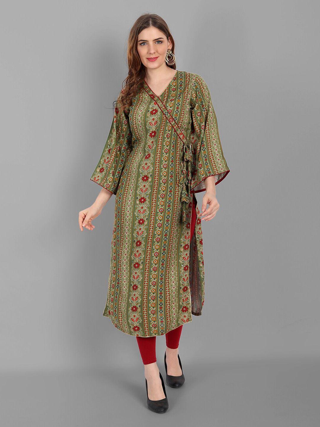 v tradition olive green & multicoloured floral printed v-neck kurti