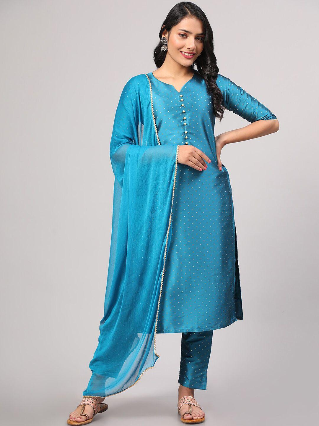 v tradition printed notched neck kurta with trousers & dupatta