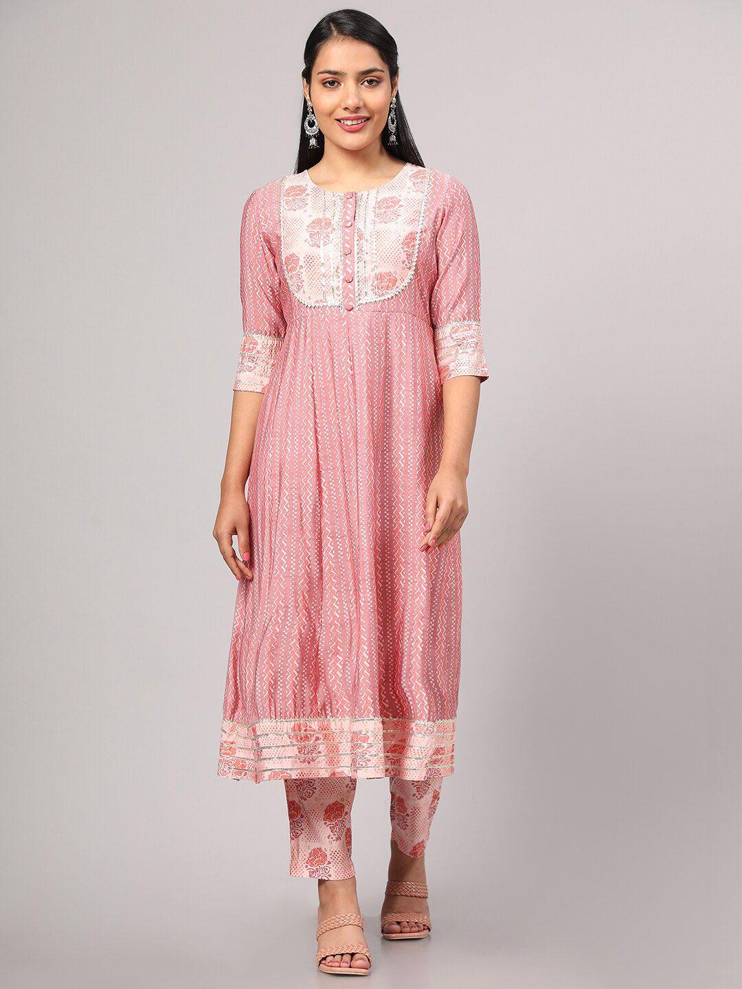 v tradition printed round neck a-line kurta with trousers