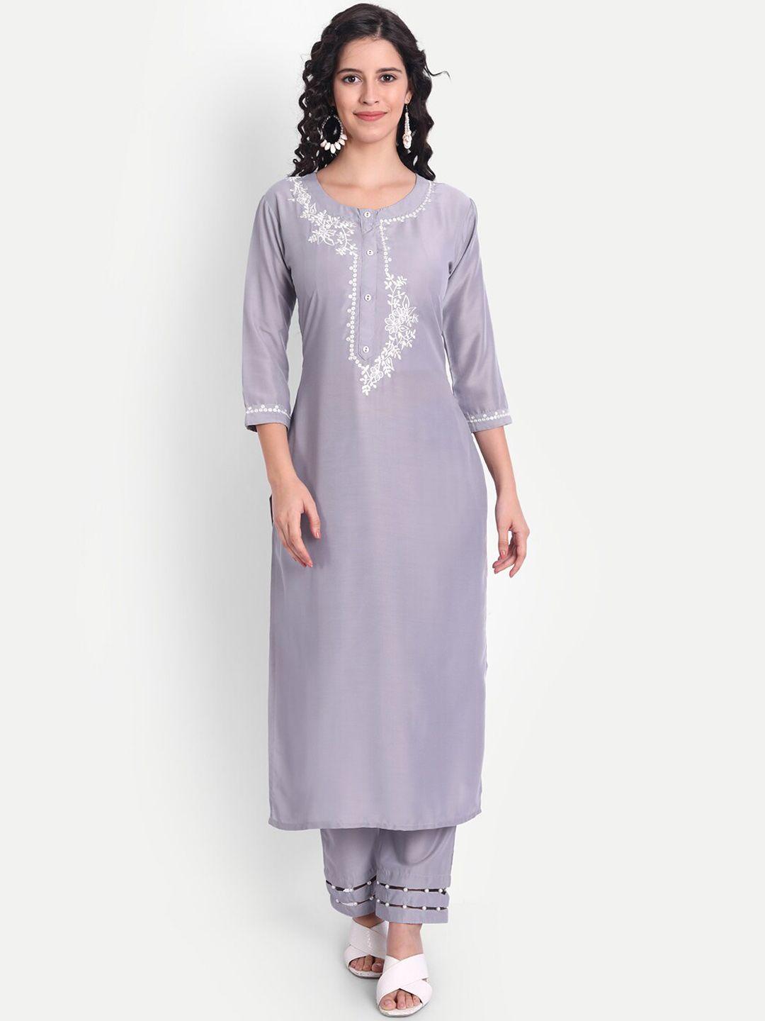 v tradition women floral embroidered thread work pure silk kurta with trousers