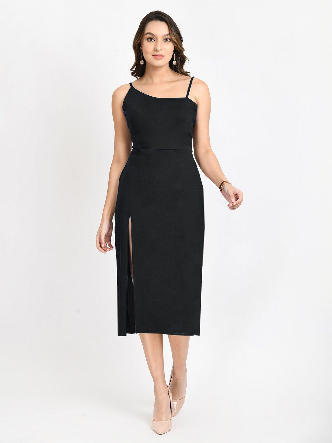 v&m black one shoulder sheath midi dress