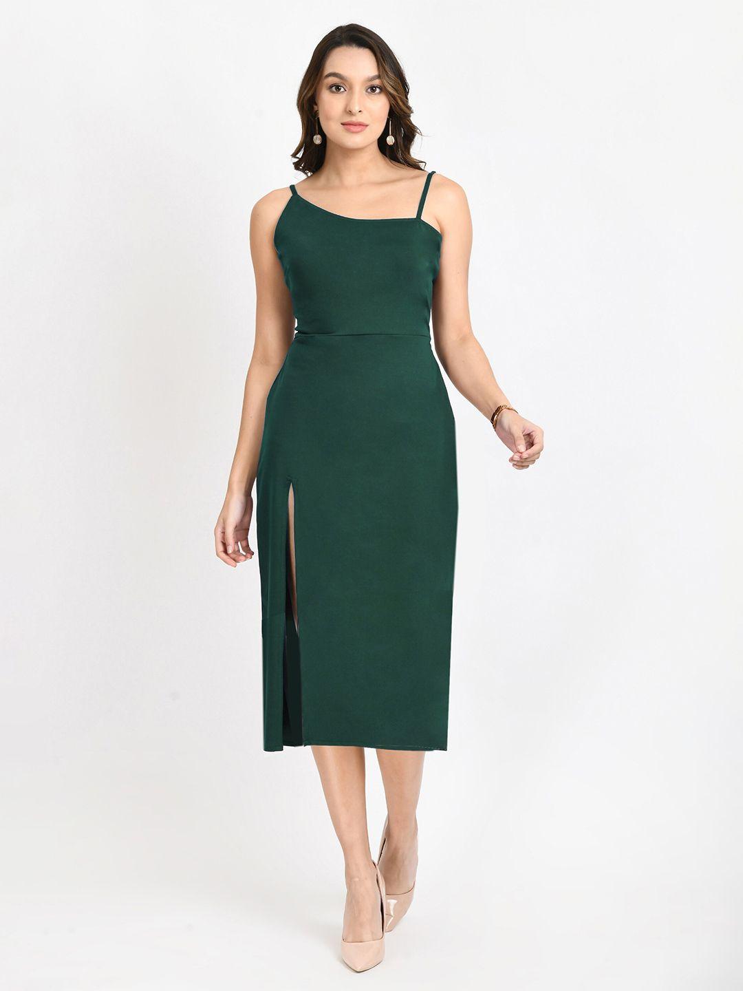 v&m green one shoulder sheath midi dress