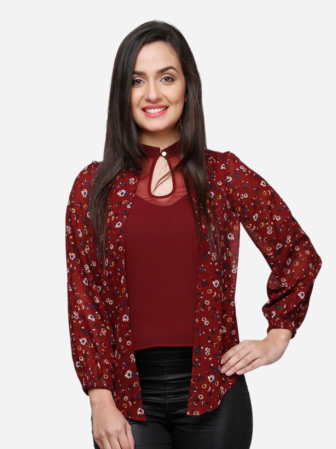 v&m maroon floral print keyhole neck georgette top