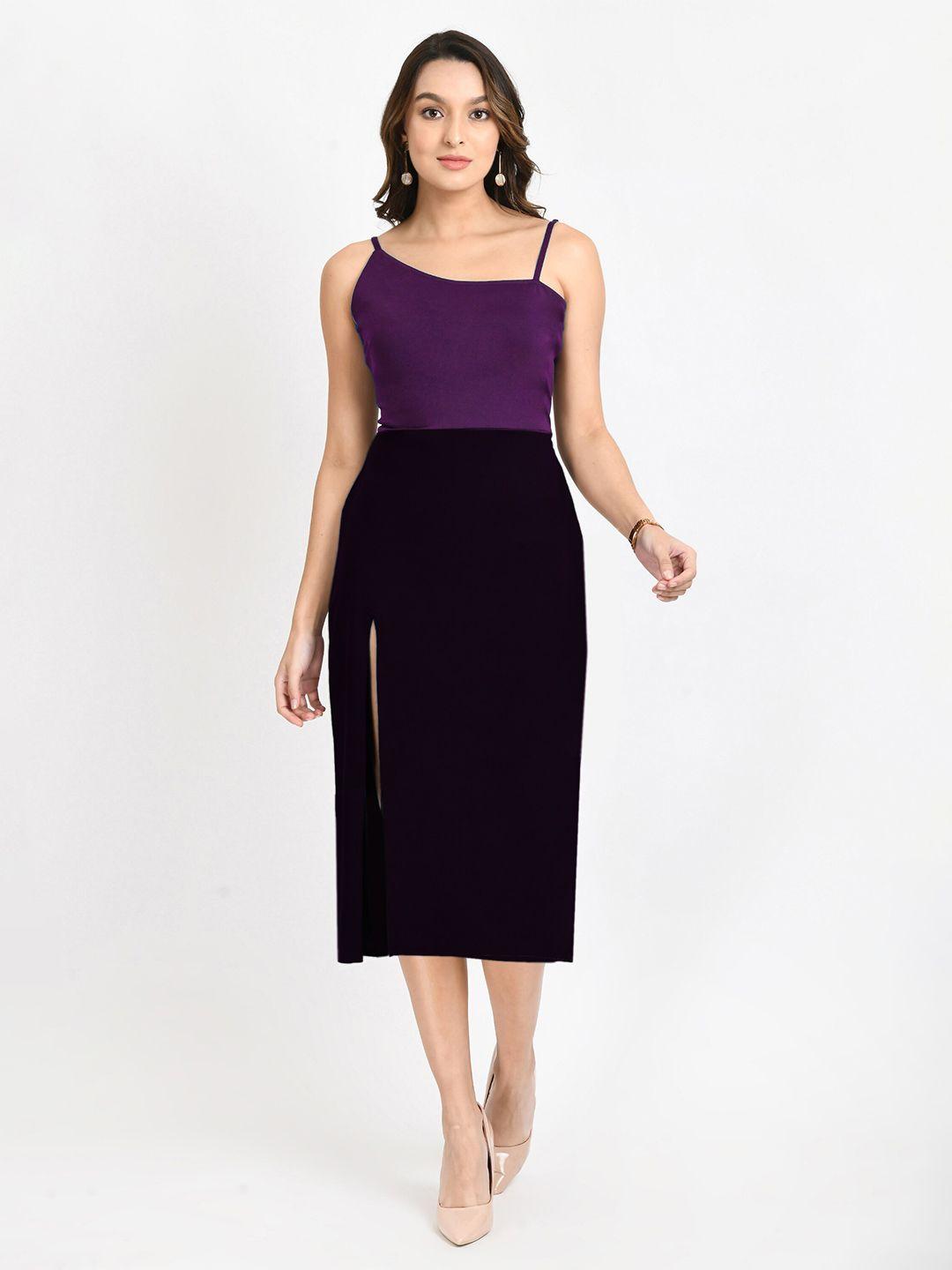 v&m purple one shoulder sheath midi dress