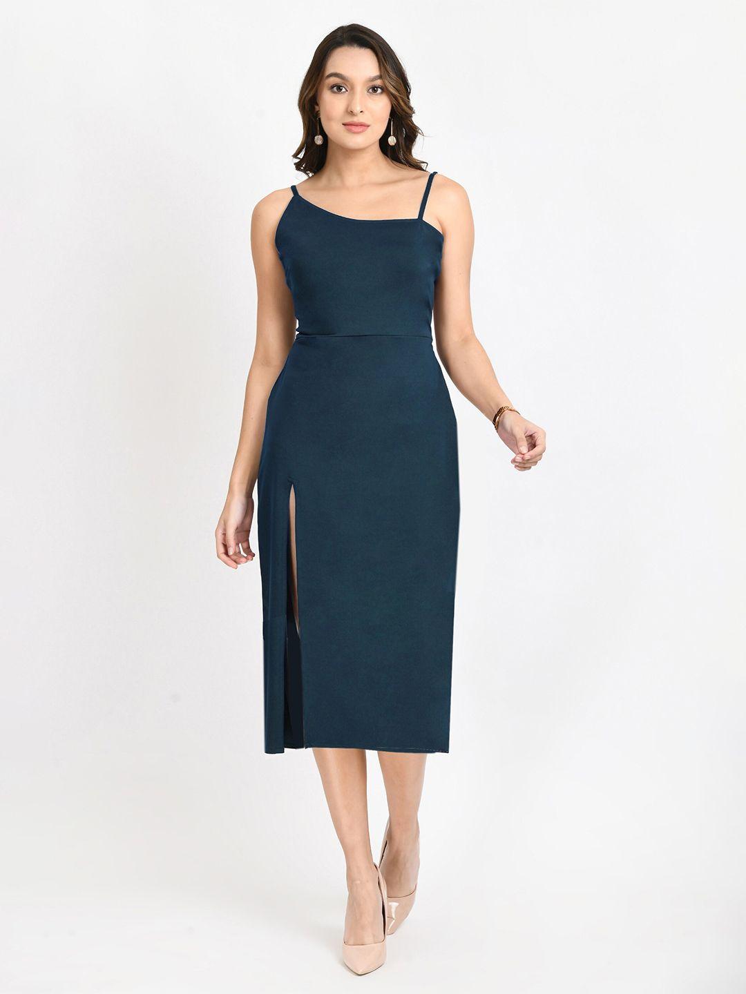 v&m teal one shoulder sheath midi dress