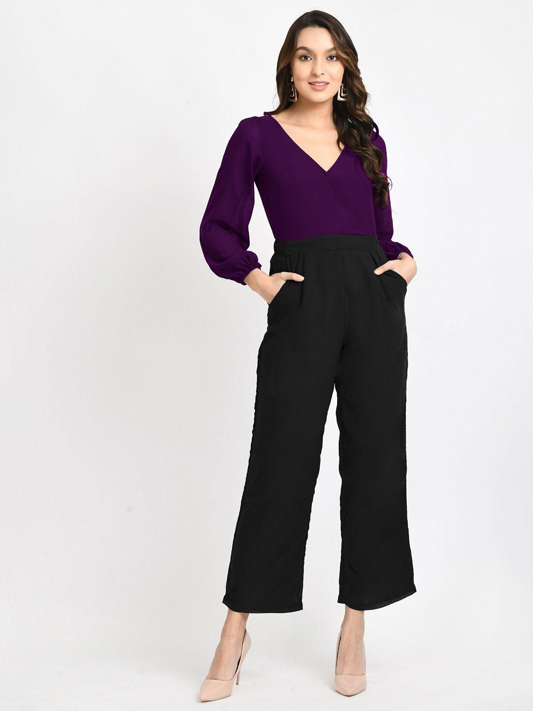 v&m v-neck puff sleeves pleated basic jumpsuit