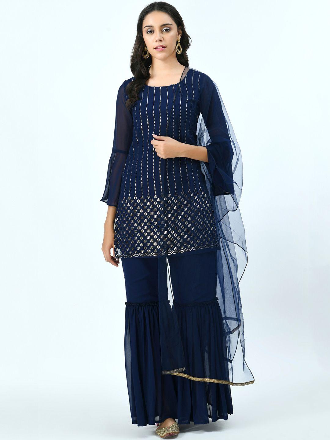 v&m women blue embroidered mukaish kurta with sharara & with dupatta