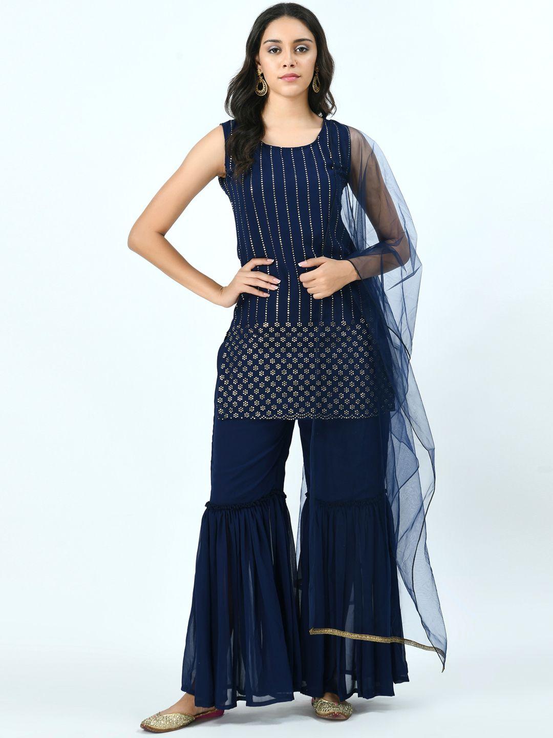 v&m women blue printed mukaish kurti with sharara & with dupatta