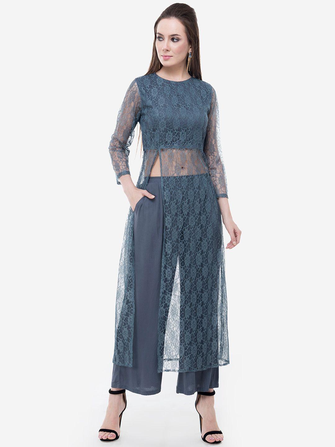 v&m women grey self design kurta with palazzos