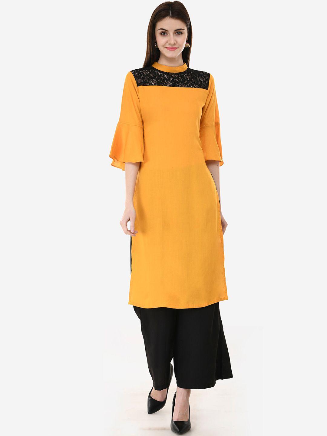 v&m women mustard & black colourblocked kurta with palazzos