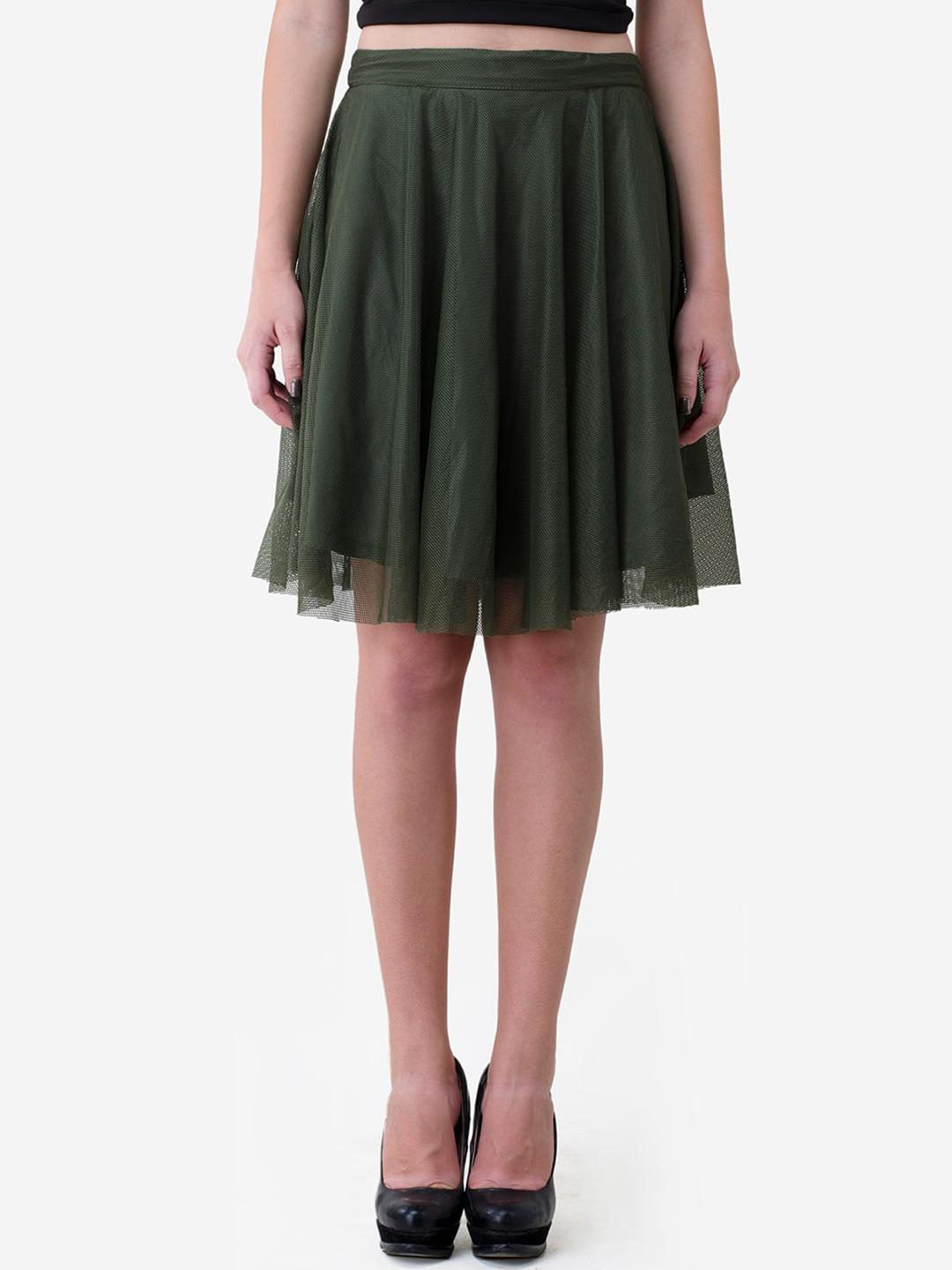 v&m women olive-green self design flared knee-length skirt