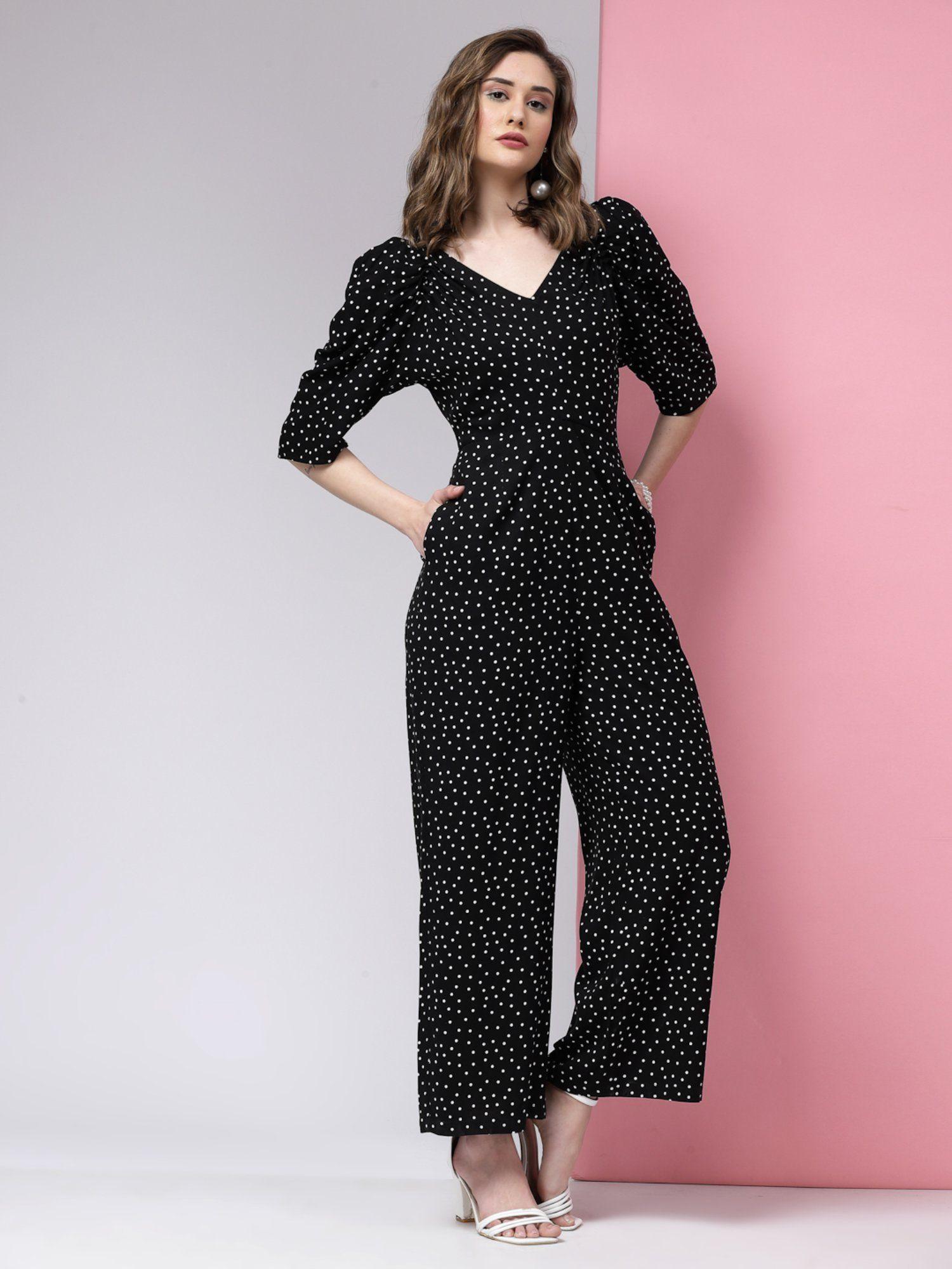 v- neck polka dot printed cotton basic jumpsuit