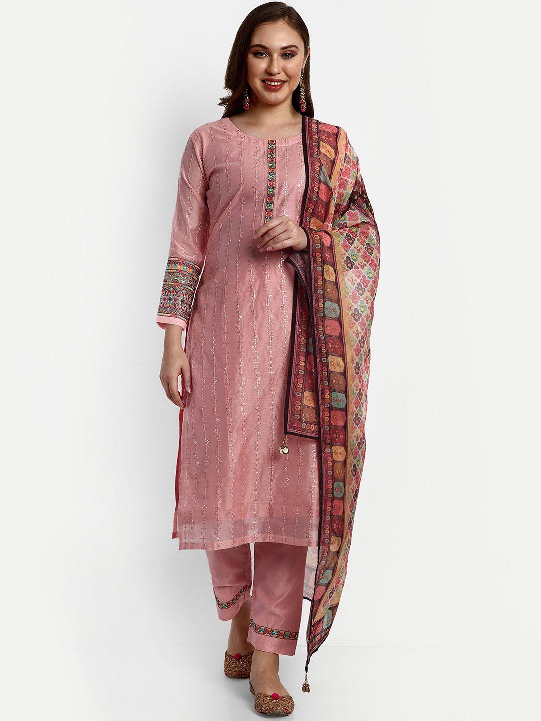 v b sons embroidered sequinned chanderi silk straight kurta with trouser & dupatta