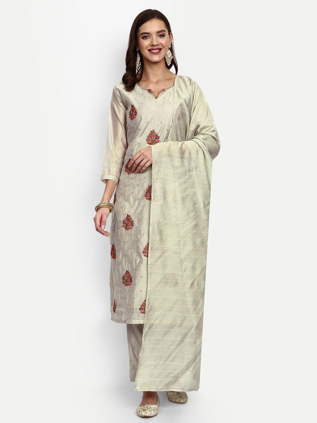 v b sons women beige embroidered regular sequinned chanderi silk kurta with trousers & with dupatta