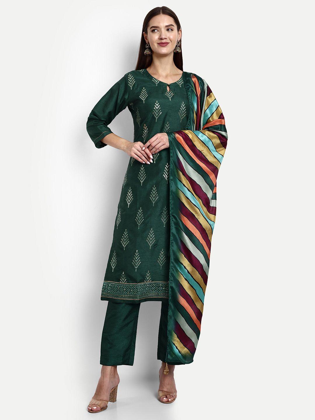 v b sons women green embroidered regular sequinned kurta with trousers & with dupatta