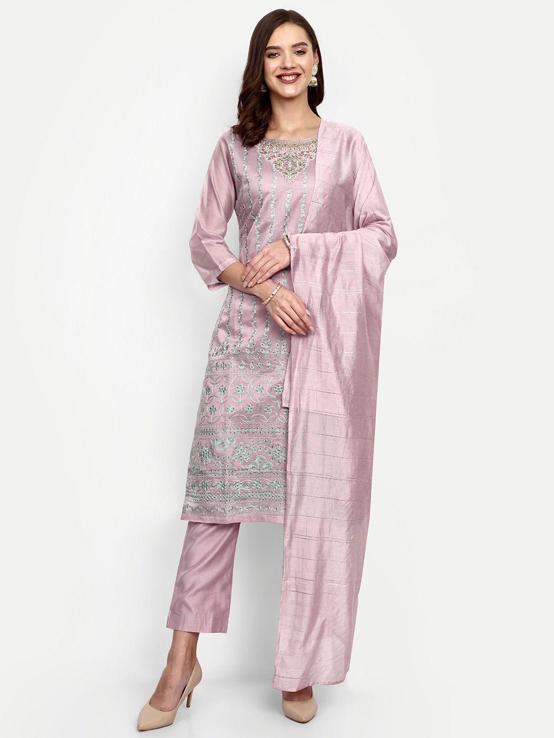 v b sons women lavender embroidered regular aari work chanderi cotton kurta with trousers & with dupatta