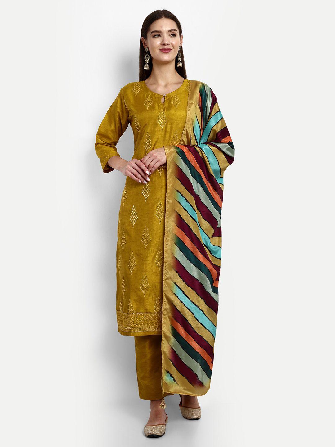 v b sons women mustard yellow embroidered regular sequinned kurta with trousers & with dupatta