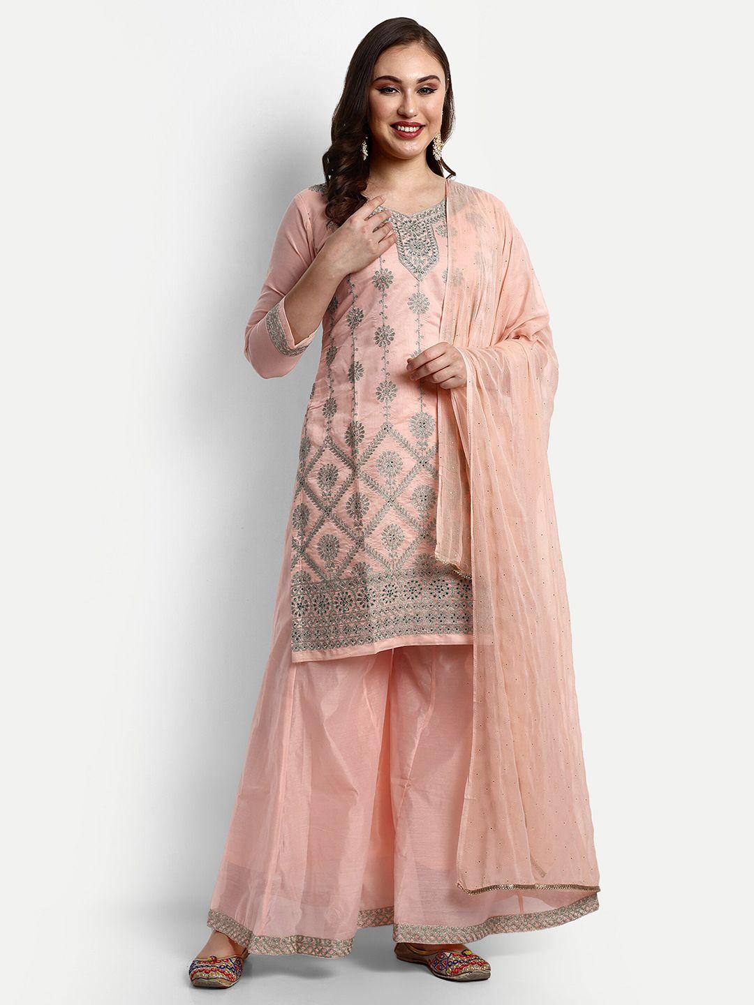 v b sons women peach-coloured embroidered regular aari work chanderi cotton kurta with palazzos & with