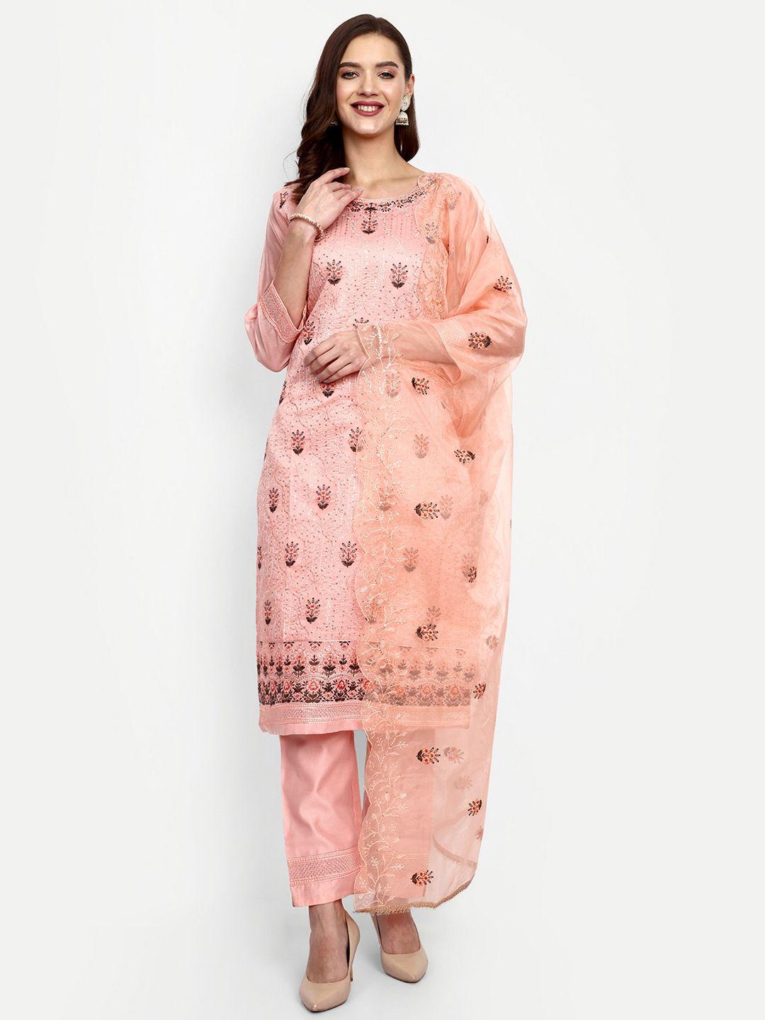 v b sons women peach-coloured embroidered regular sequinned chanderi silk kurta with trousers & with dupatta