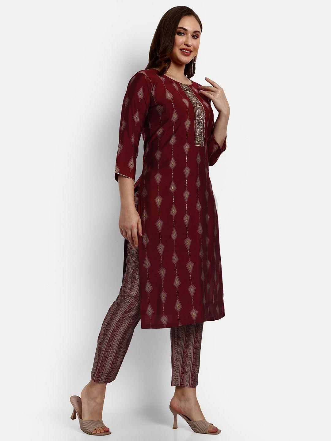 v b sons women red printed regular chanderi silk kurta with trousers & with dupatta