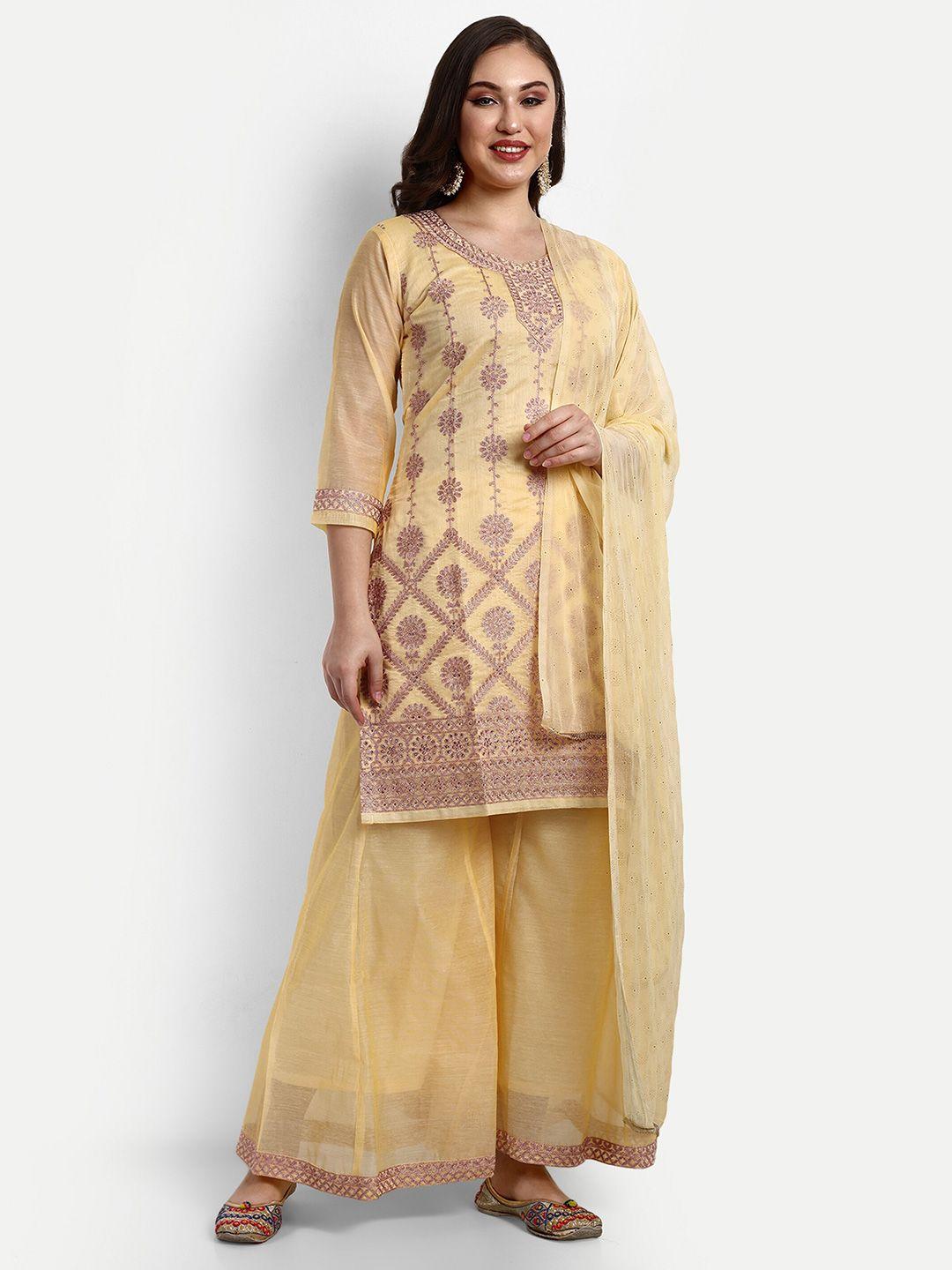 v b sons women yellow embroidered regular aari work chanderi cotton kurta with palazzos & with dupatta