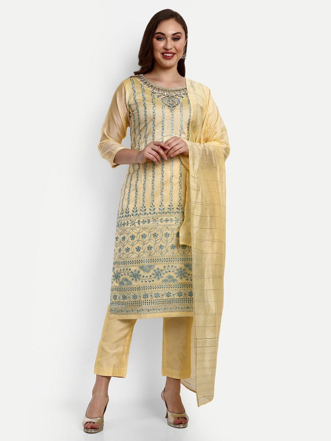 v b sons women yellow embroidered regular aari work chanderi cotton kurta with trousers & with dupatta