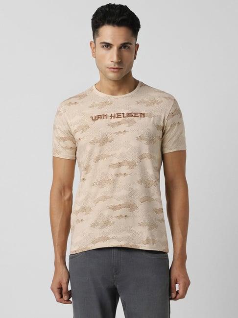 v dot beige cotton slim fit printed t-shirt