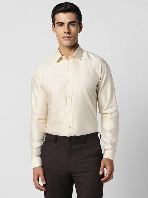 v dot beige slim fit printed shirt