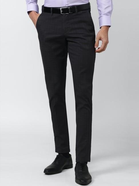 v dot black cotton slim fit checks trousers