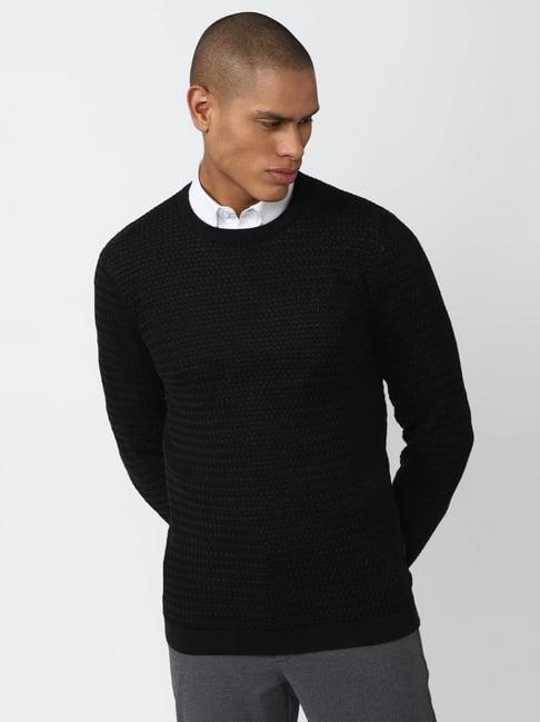 v dot black cotton slim fit crochet sweater