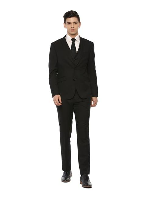 v dot black skinny fit self pattern three piece suit
