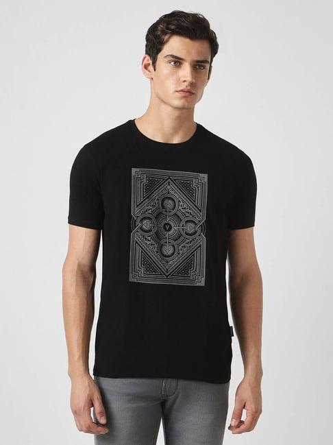 v dot black slim fit printed t-shirt