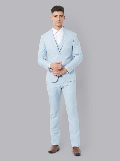 v dot blue  skinny fit self pattern three piece suit