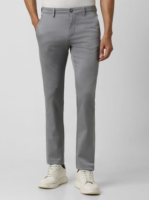 v dot grey cotton slim fit checks trousers