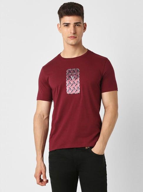 v dot maroon cotton slim fit printed t-shirt
