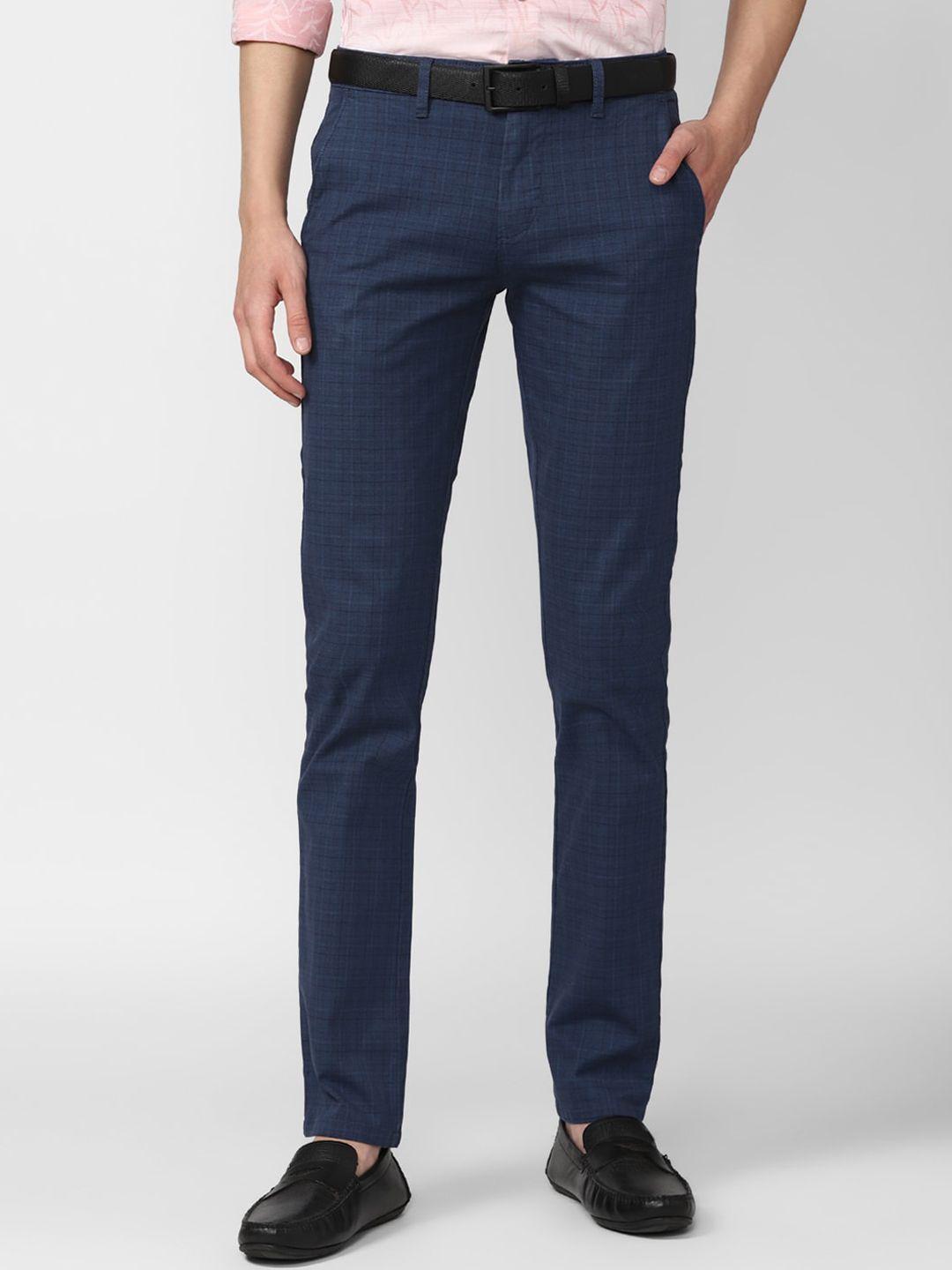 v dot men blue checked slim fit trousers