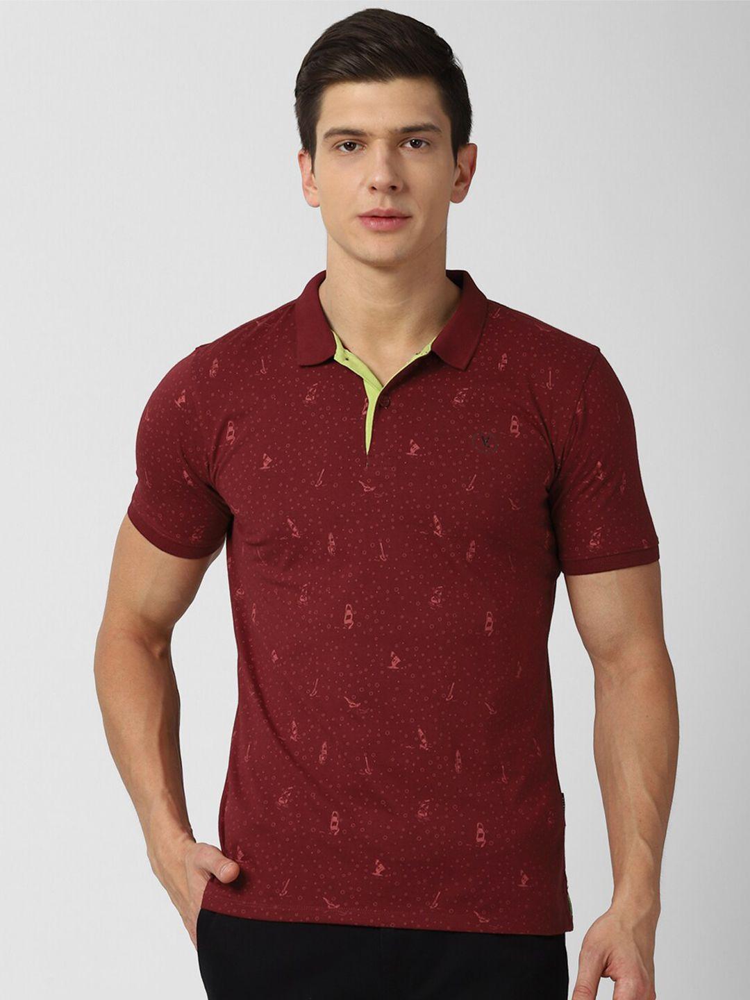 v dot men maroon printed polo collar slim fit t-shirt