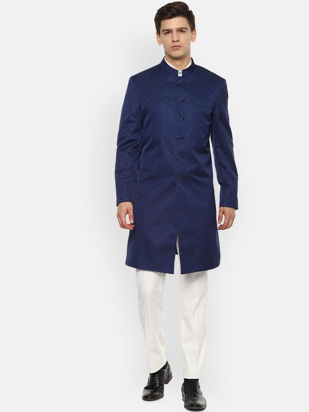 v dot men navy blue & white self-design slim-fit bandhgala suit