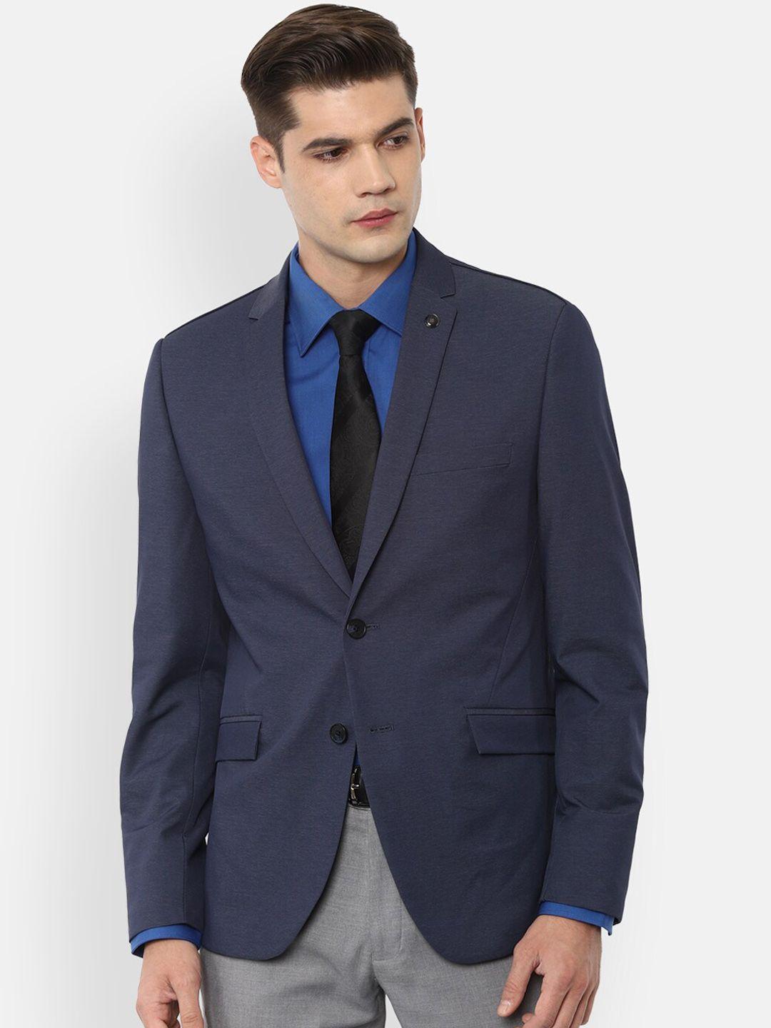 v dot men navy blue self design slim-fit single-breasted formal blazer
