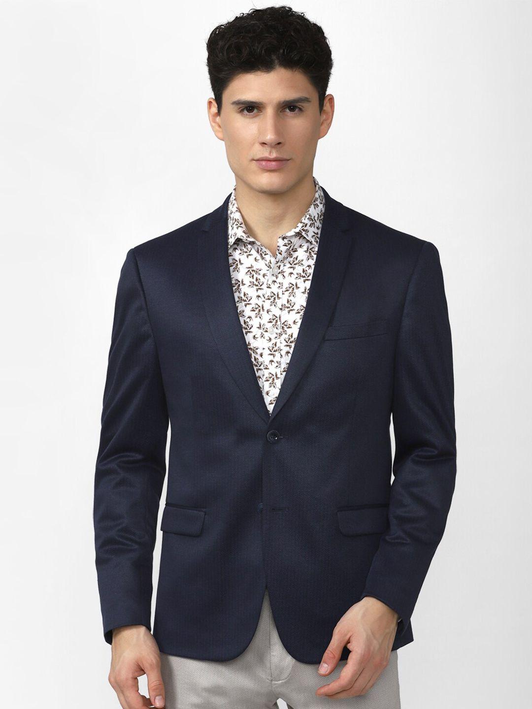 v dot men navy blue solid slim-fit single breasted blazers