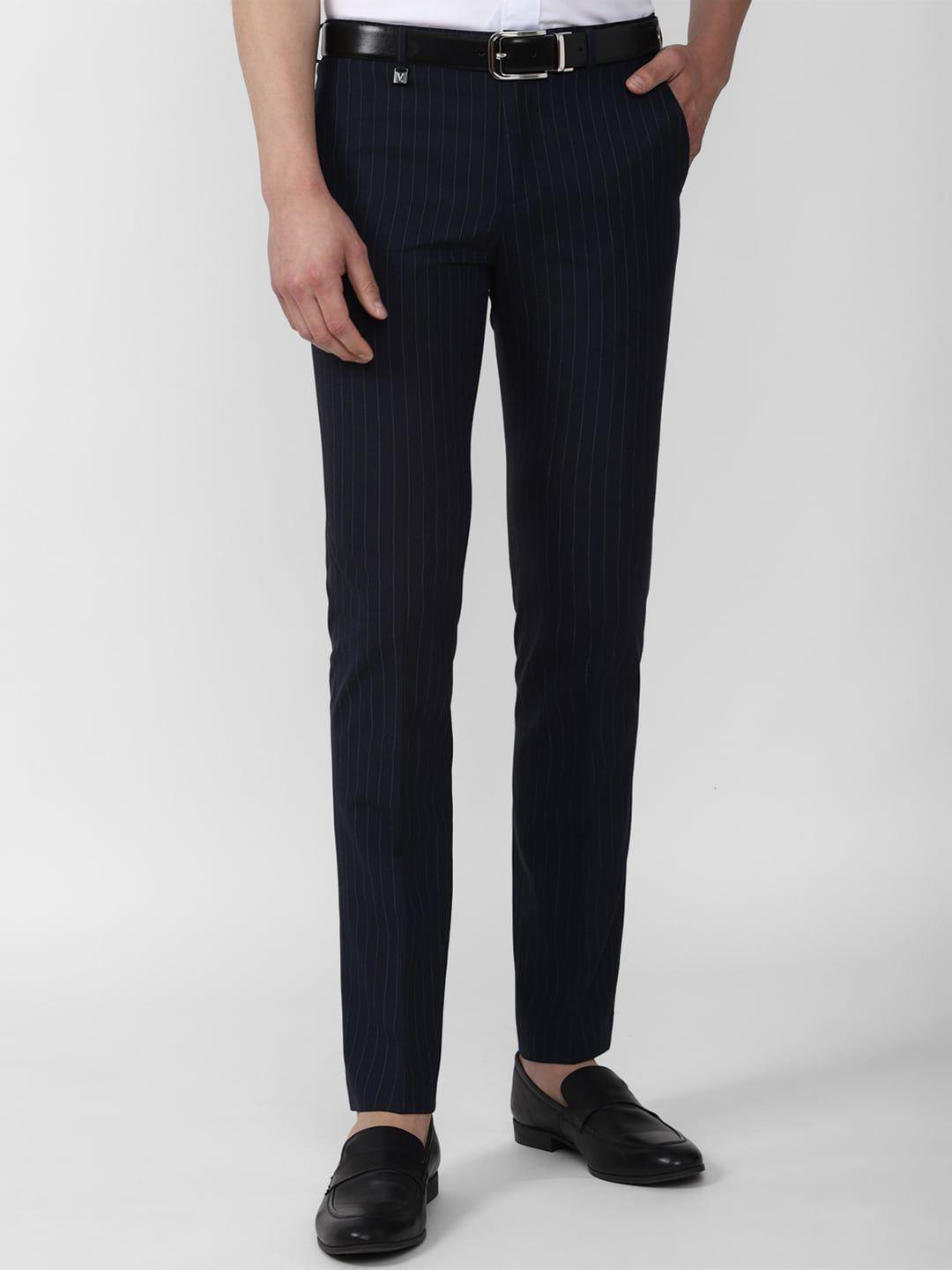 v dot men navy blue striped skinny fit formal trousers