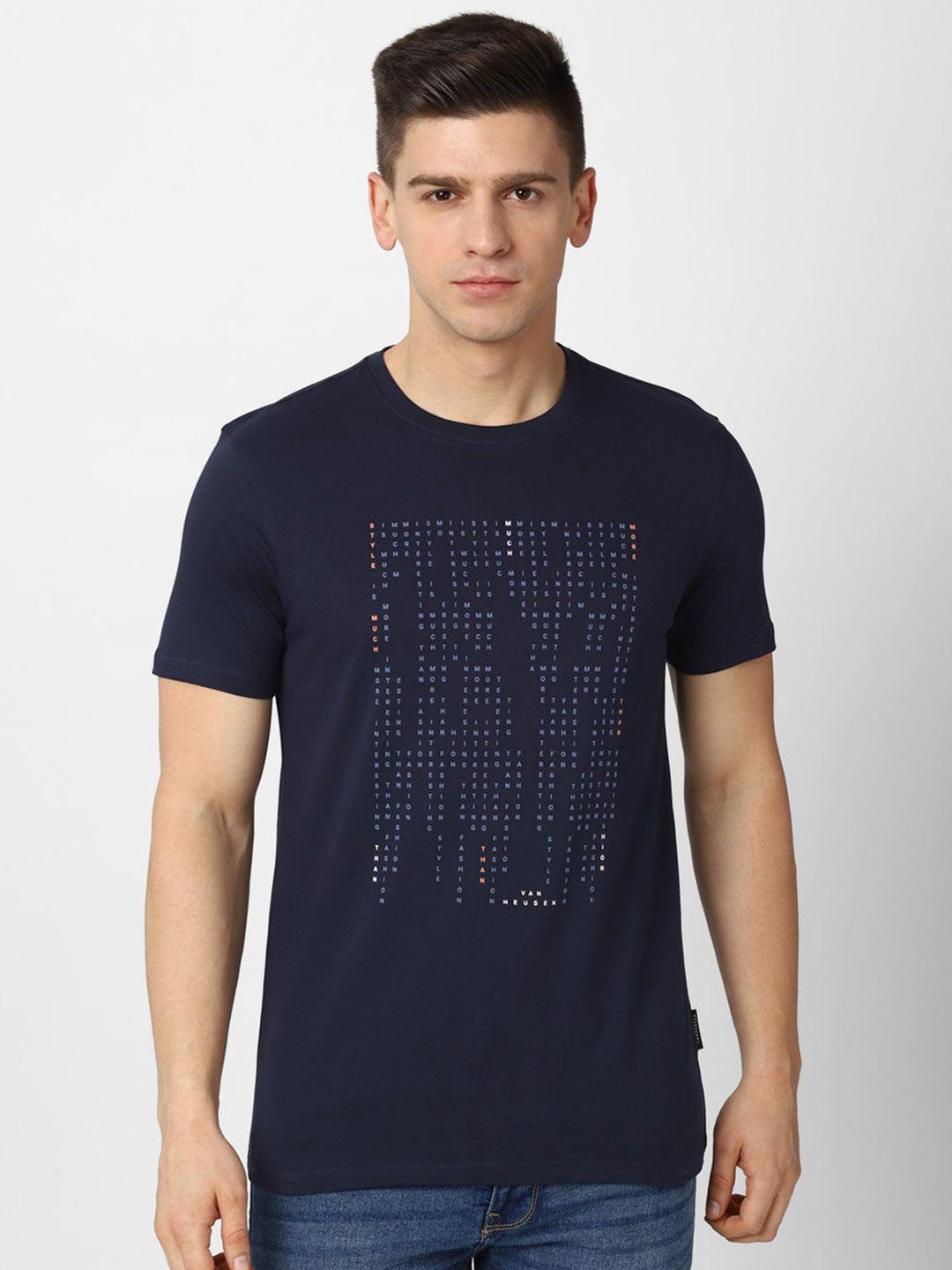 v dot men navy blue typography printed slim fit pure cotton t-shirt