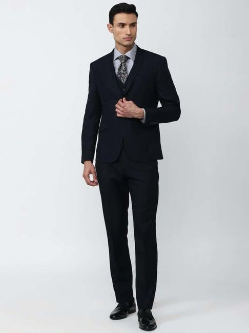 v dot navy blue skinny fit checks three piece suit