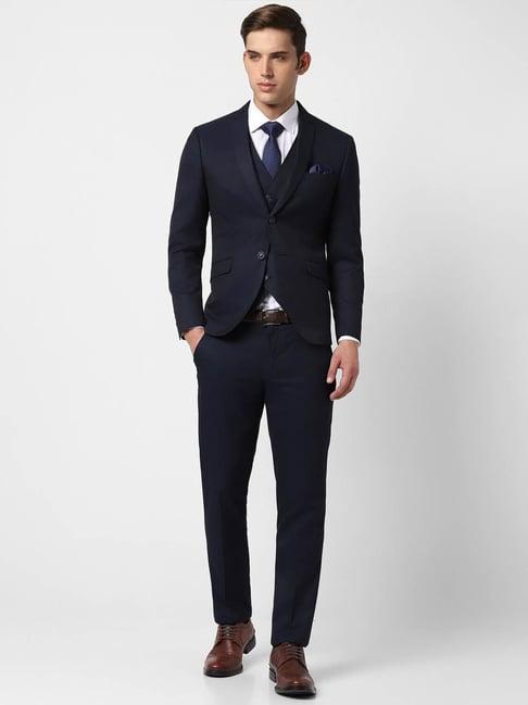 v dot navy blue skinny fit three piece suit