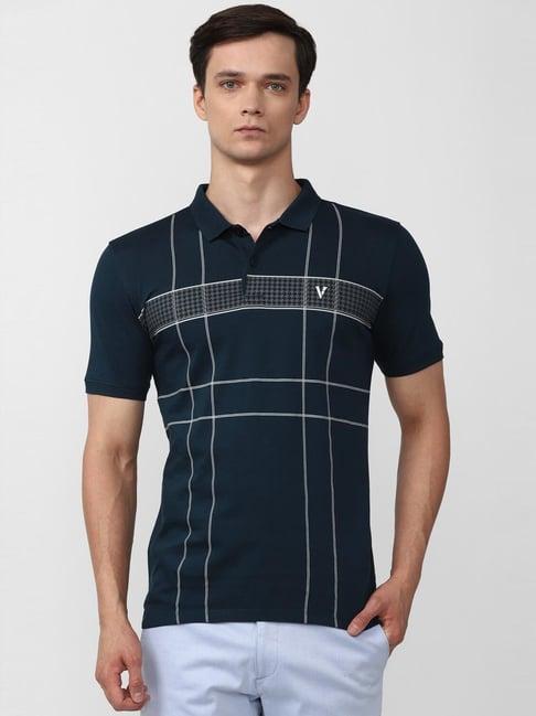 v dot navy cotton slim fit checks polo t-shirt