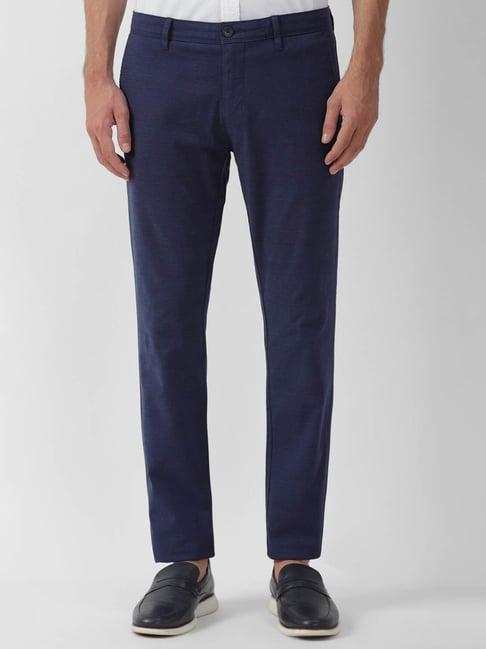 v dot navy cotton slim fit checks trousers