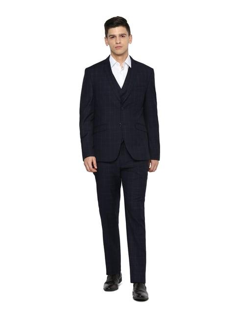 v dot navy skinny fit checks three piece suit