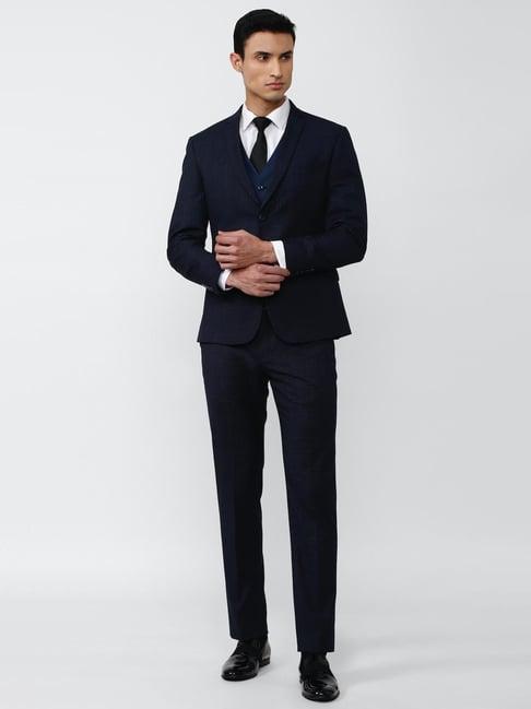 v dot navy skinny fit texture three piece suit